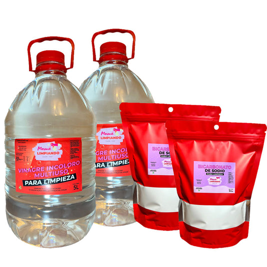 Pack 2 Vinagres Incoloro para Limpieza 5 Lts de 4% + 2 Bicarbonatos de Sodio para Limpieza 1 Kilo - Mamá Limpiando