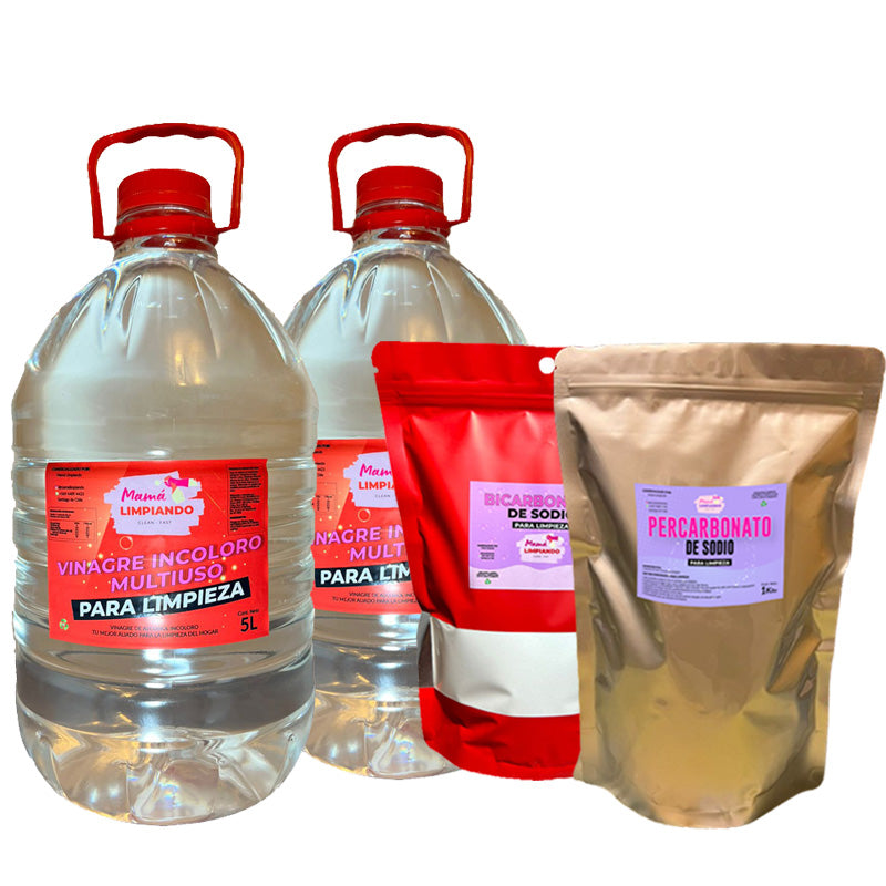 Pack: 2 Vinagres Incoloro para Limpieza 5Lts + Bicarbonato de sodio 1K + Percarbonato de sodio 1K - Mamá Limpiando
