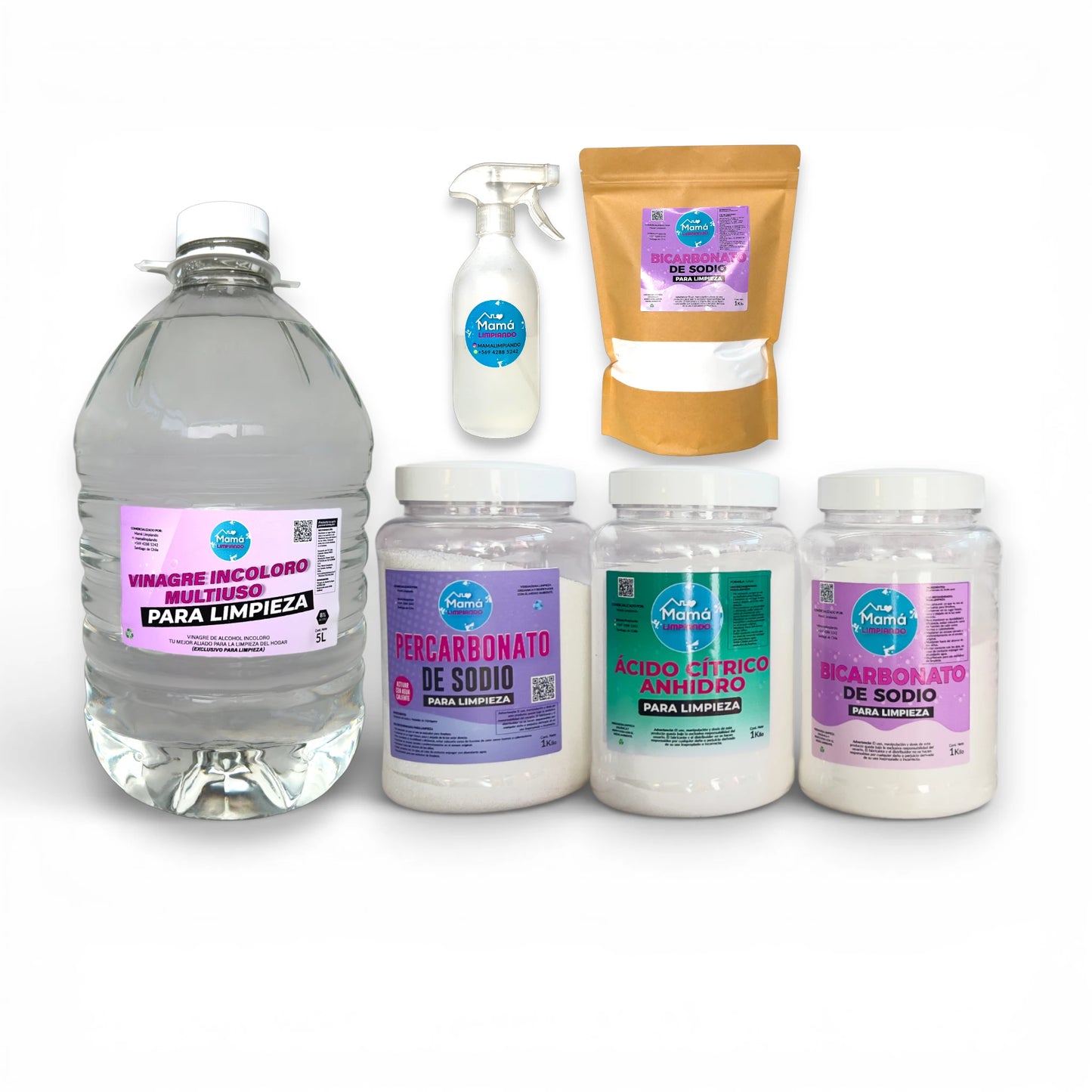 Kit de limpieza Hogar puro, Sin tóxicos: Incluye: Percarbonato 1 kg + Bicarbonato 1kg + Recarga GRATIS + Vinagre 8% 5lt + Acido cítrico 1kg + botella atomizador de REGALO