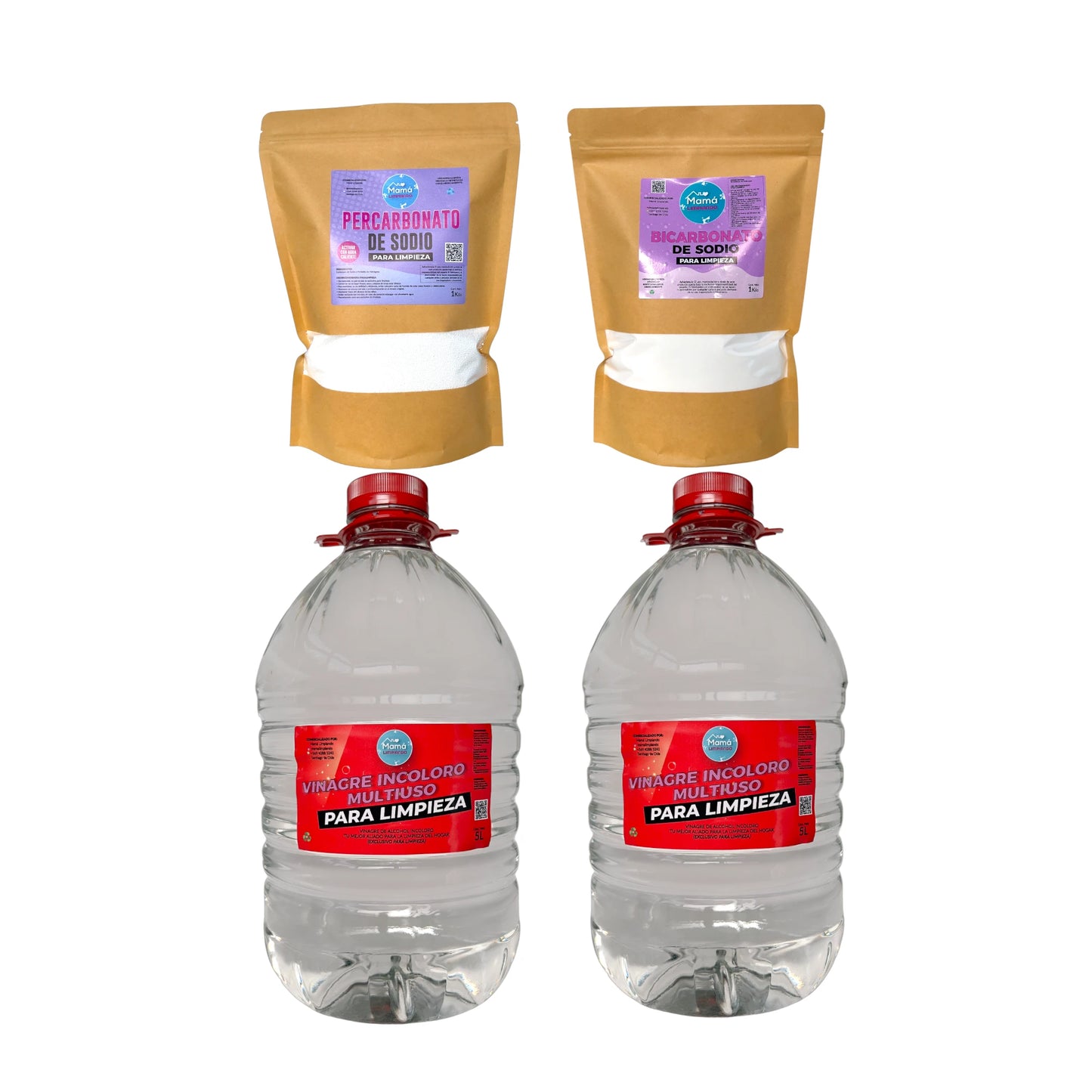 Pack: 2 Vinagres Incoloro para Limpieza 5Lts + BOLSA Bicarbonato de sodio 1K + BOLSA Percarbonato de sodio 1K