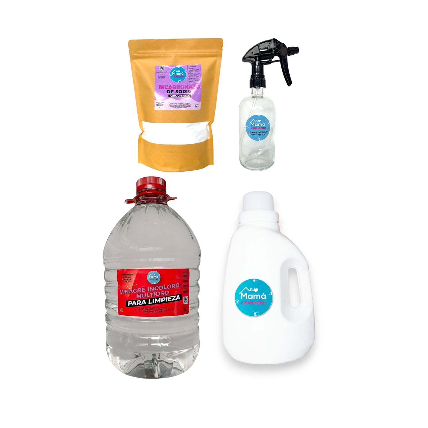 Pack de Vinagre Incoloro para Limpieza 5Lts +BOLSA Bicarbonato de Sodio para Limpieza 1Kilo + Botella de Vidrio 500ml con gatillo + Botella Multiuso 3Lts con Tapa Dosificadora