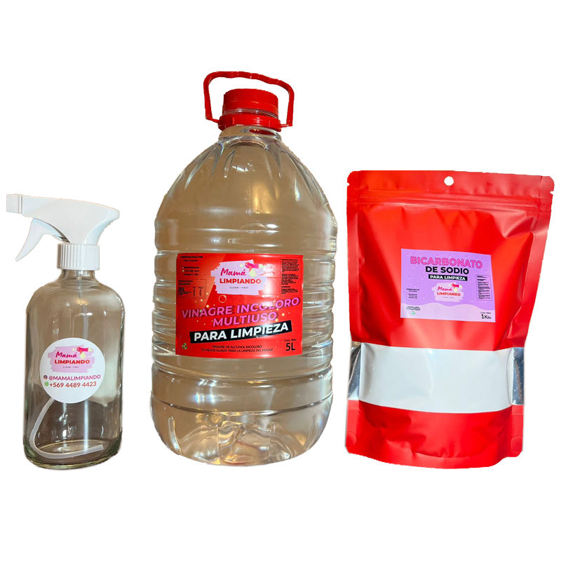 Pack de Vinagre Incoloro para Limpieza 5Lts + Bicarbonato de Sodio para Limpieza 1Kilo + Botella de Vidrio 500ml con gatillo - Mamá Limpiando