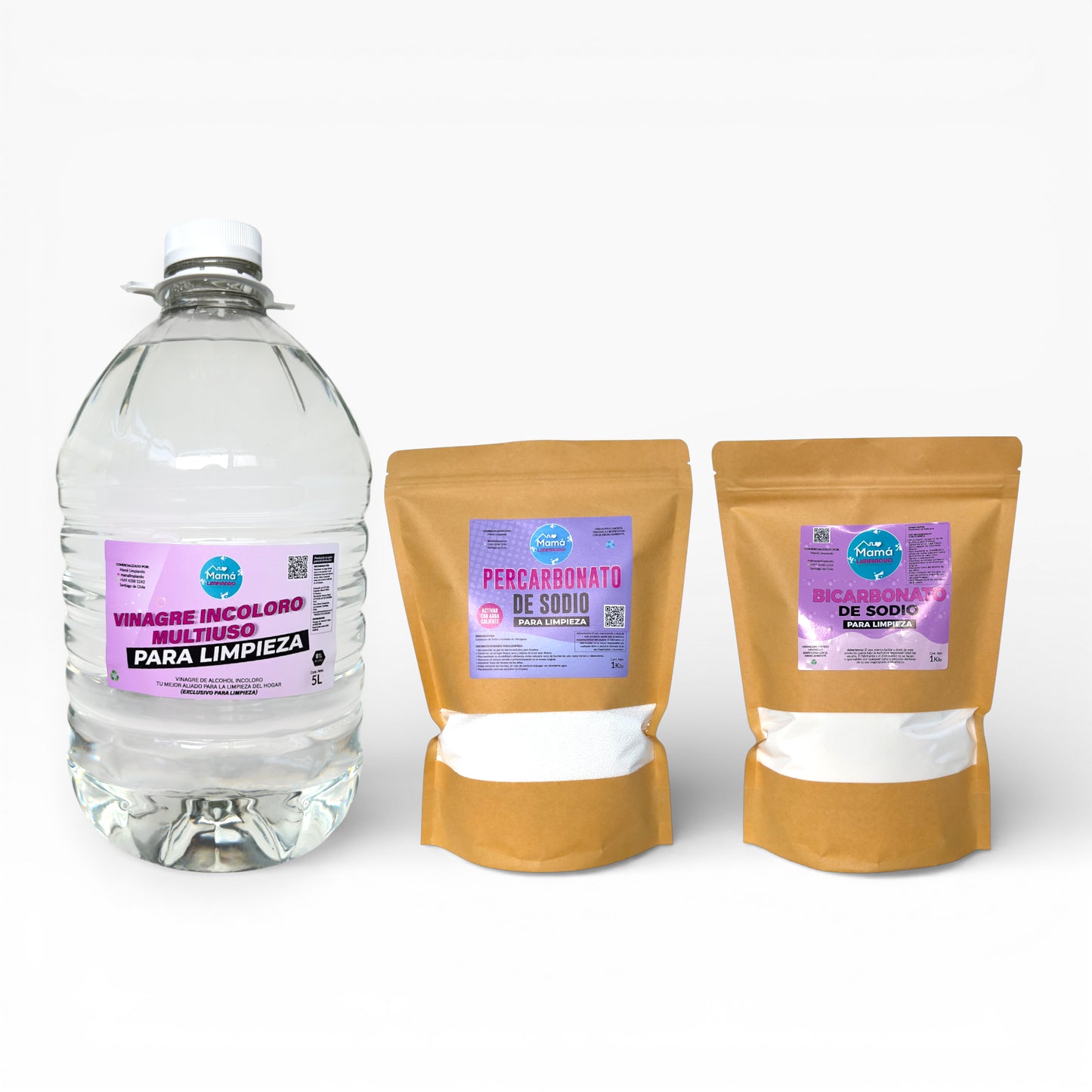 Pack de Vinagre de alcohol Incoloro 8% acidez para limpieza 5Lts +BOLSA Bicarbonato de Sodio para Limpieza 1Kilo + BOLSA Percarbonato 1 Kilo