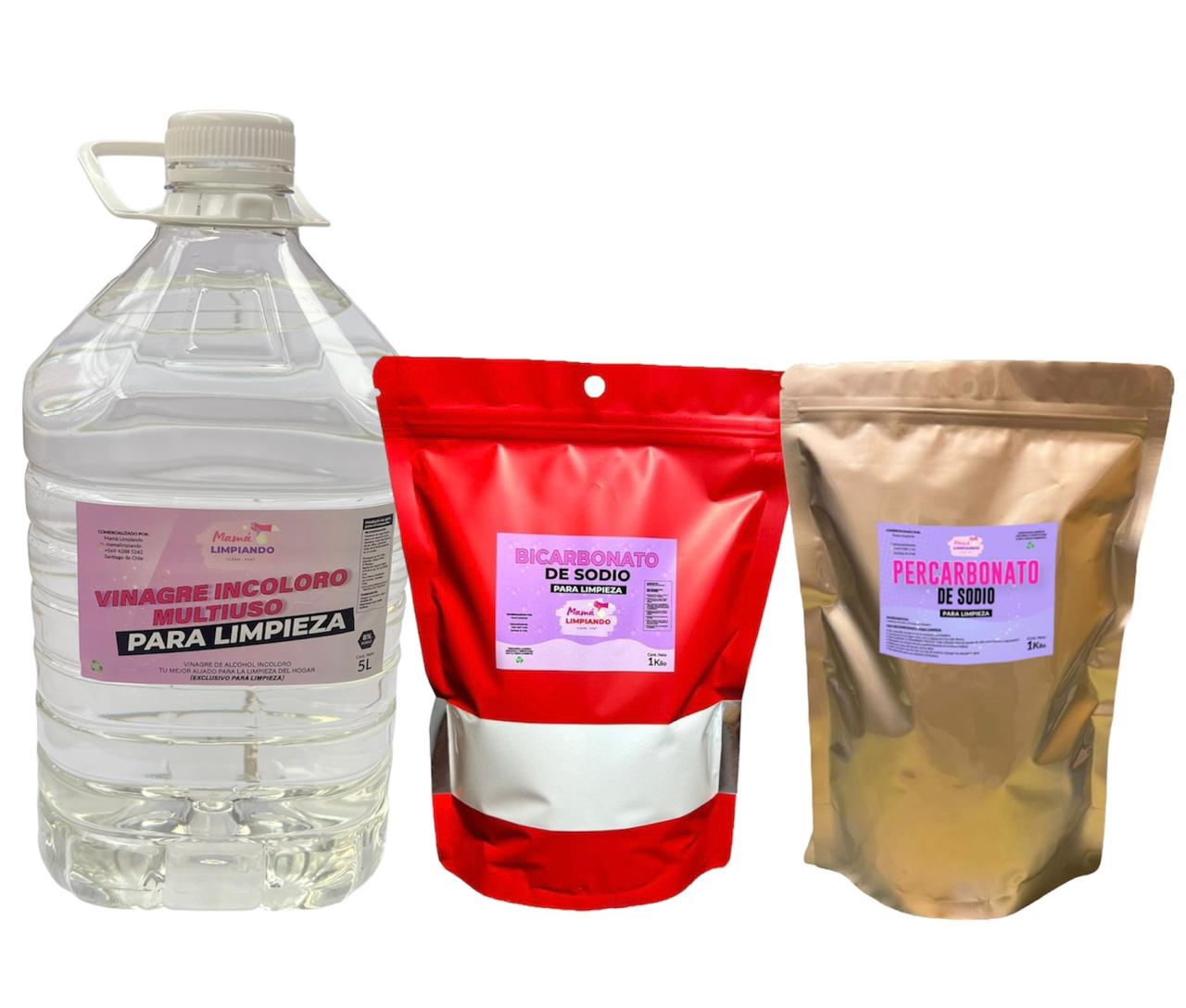 Pack de Vinagre de alcohol Incoloro 8% acidez para limpieza 5Lts + Bicarbonato de Sodio para Limpieza 1Kilo + Percarbonato 1 Kilo