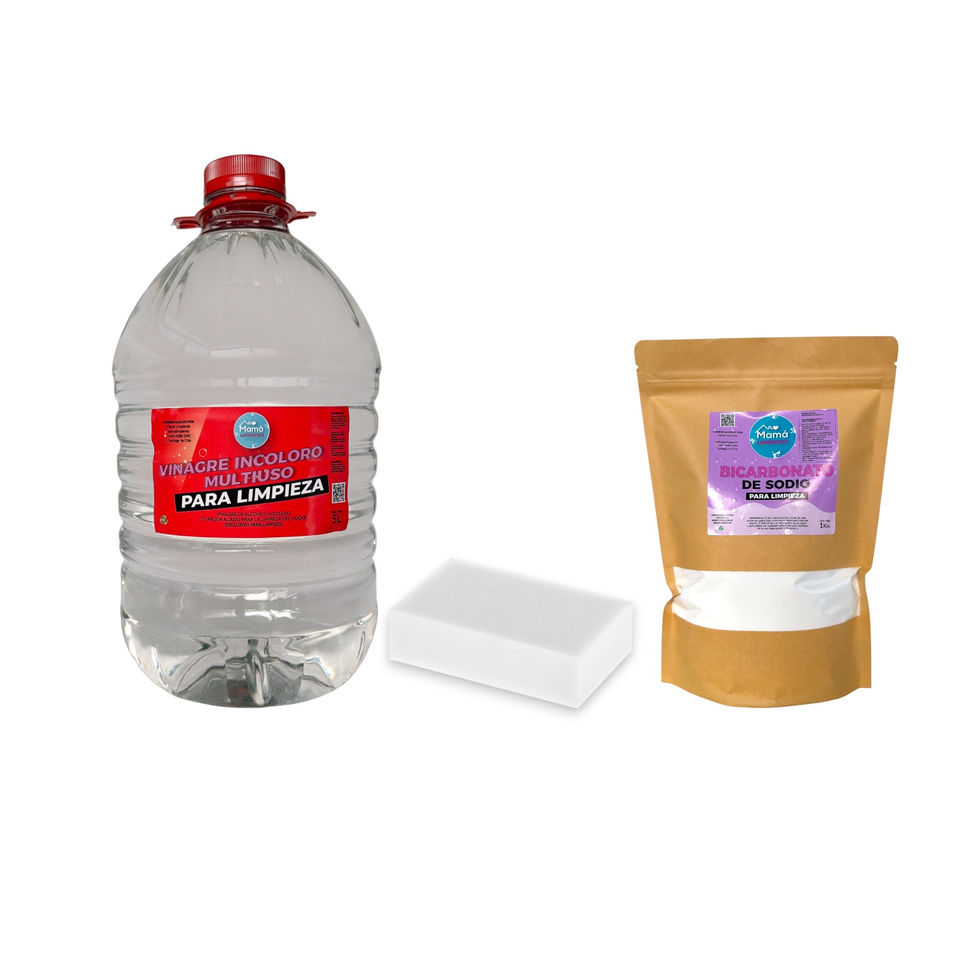 Pack de Vinagre Incoloro para Limpieza 5Lts + BOLSA Bicarbonato de Sodio para Limpieza 1Kilo  + Esponja Mágica