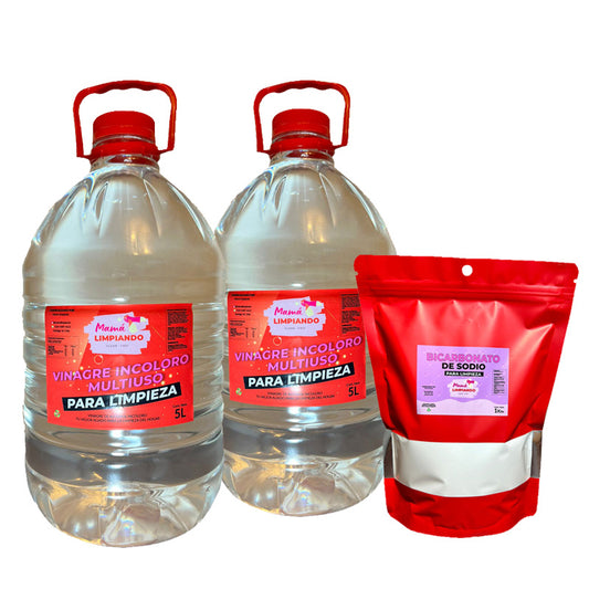 Pack 2 Vinagres Incoloro para Limpieza 5 Lts de 4% + 1 Bicarbonato de Sodio para Limpieza 1 Kilo - Mamá Limpiando