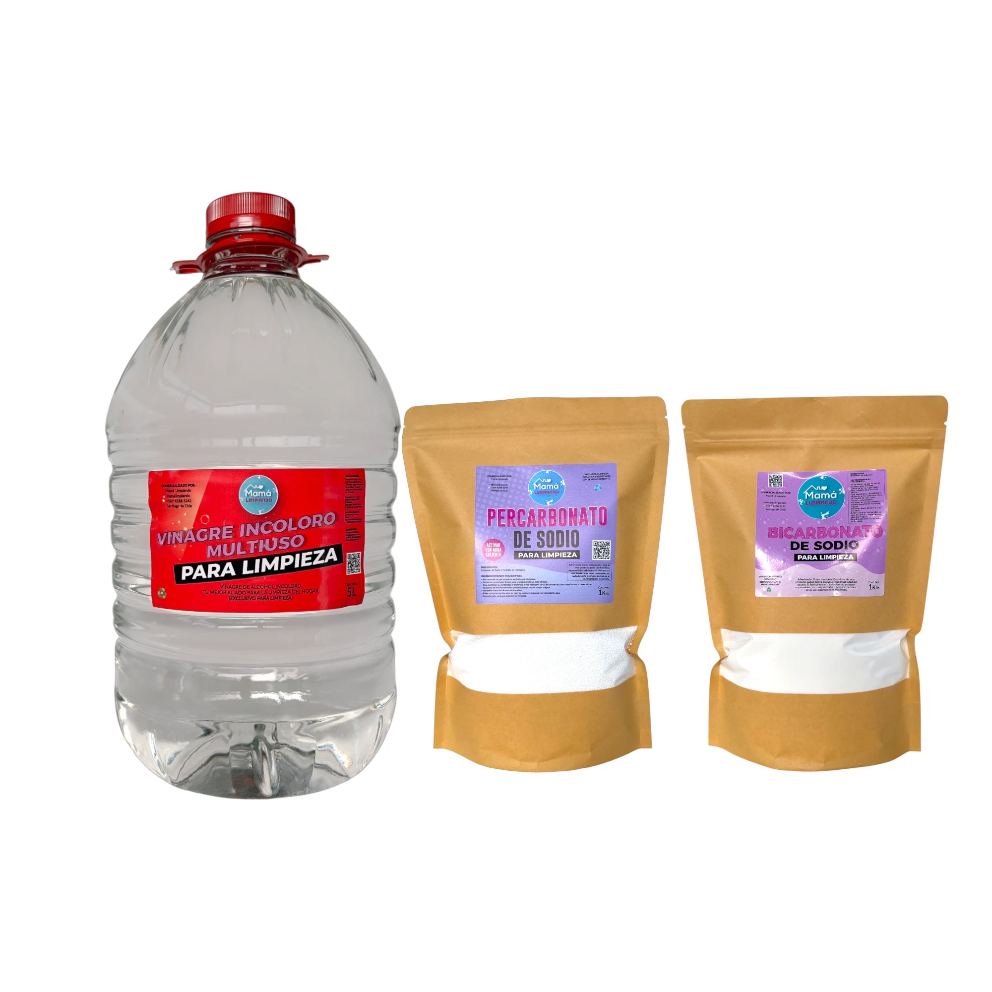 Pack de Vinagre Incoloro para Limpieza 5Lts 4% +  BOLSA Bicarbonato de Sodio para Limpieza 1Kilo + BOLSA Percarbonato 1 Kilo