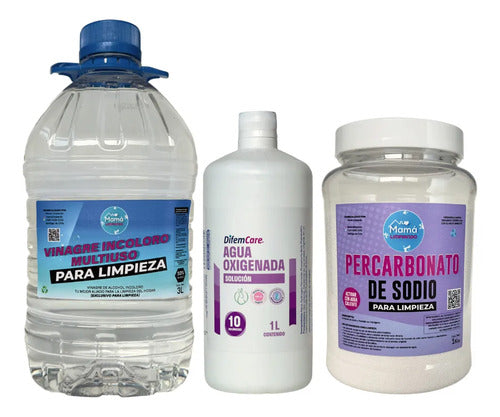 Vinagre limpieza 10% + Agua oxigenada + Percarbonato de sodio pote 1 kilo