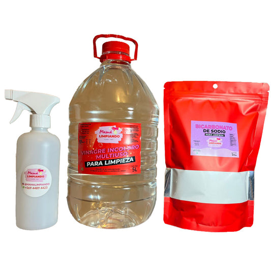 Pack de Vinagre Incoloro para Limpieza 5Lts + Bicarbonato de Sodio para Limpieza 1Kilo + Botella de Plástico 500ml con gatillo - Mamá Limpiando