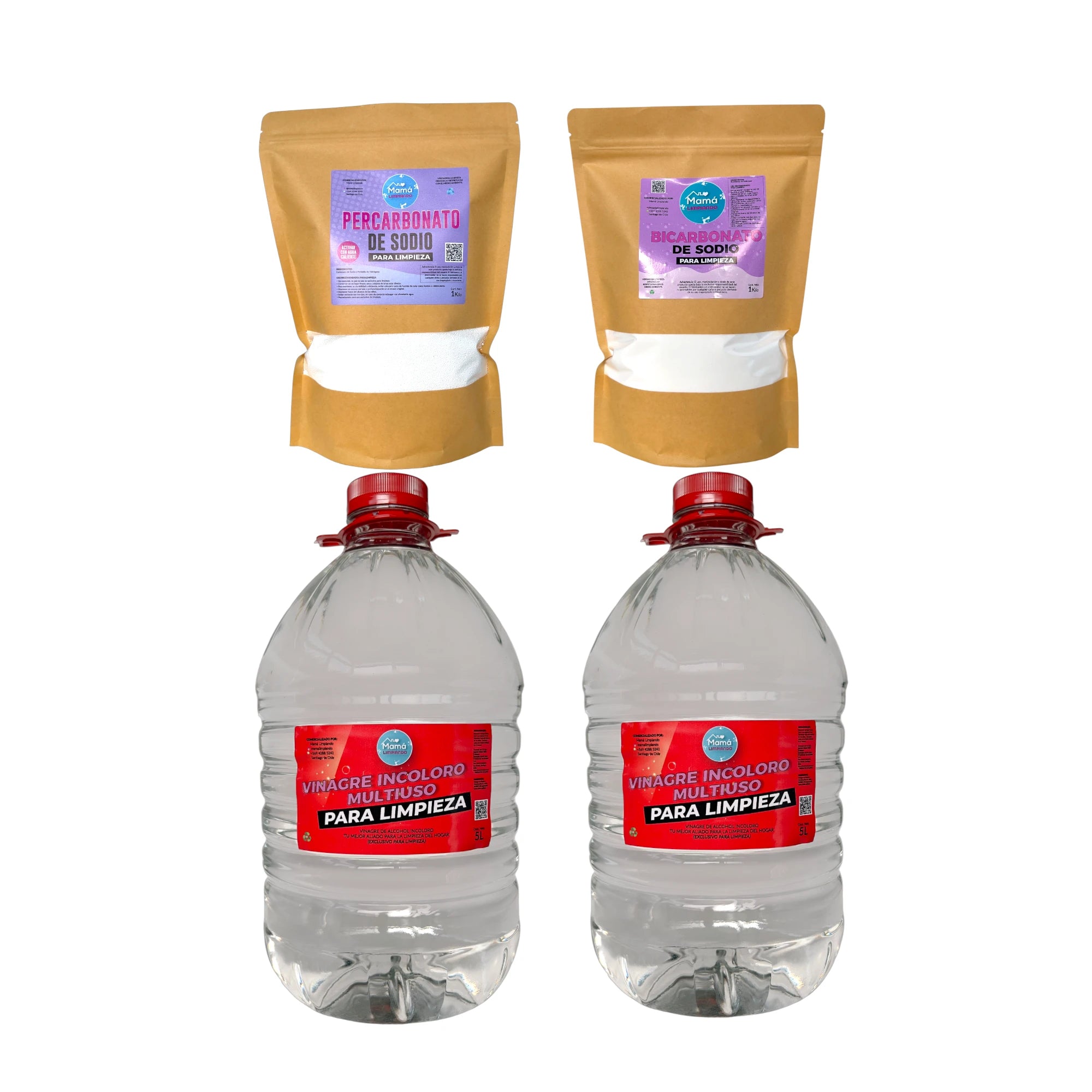 Pack: 2 Vinagres Incoloro para Limpieza 5Lts + BOLSA Bicarbonato de sodio 1K +  BOLSA Percarbonato de sodio 1K