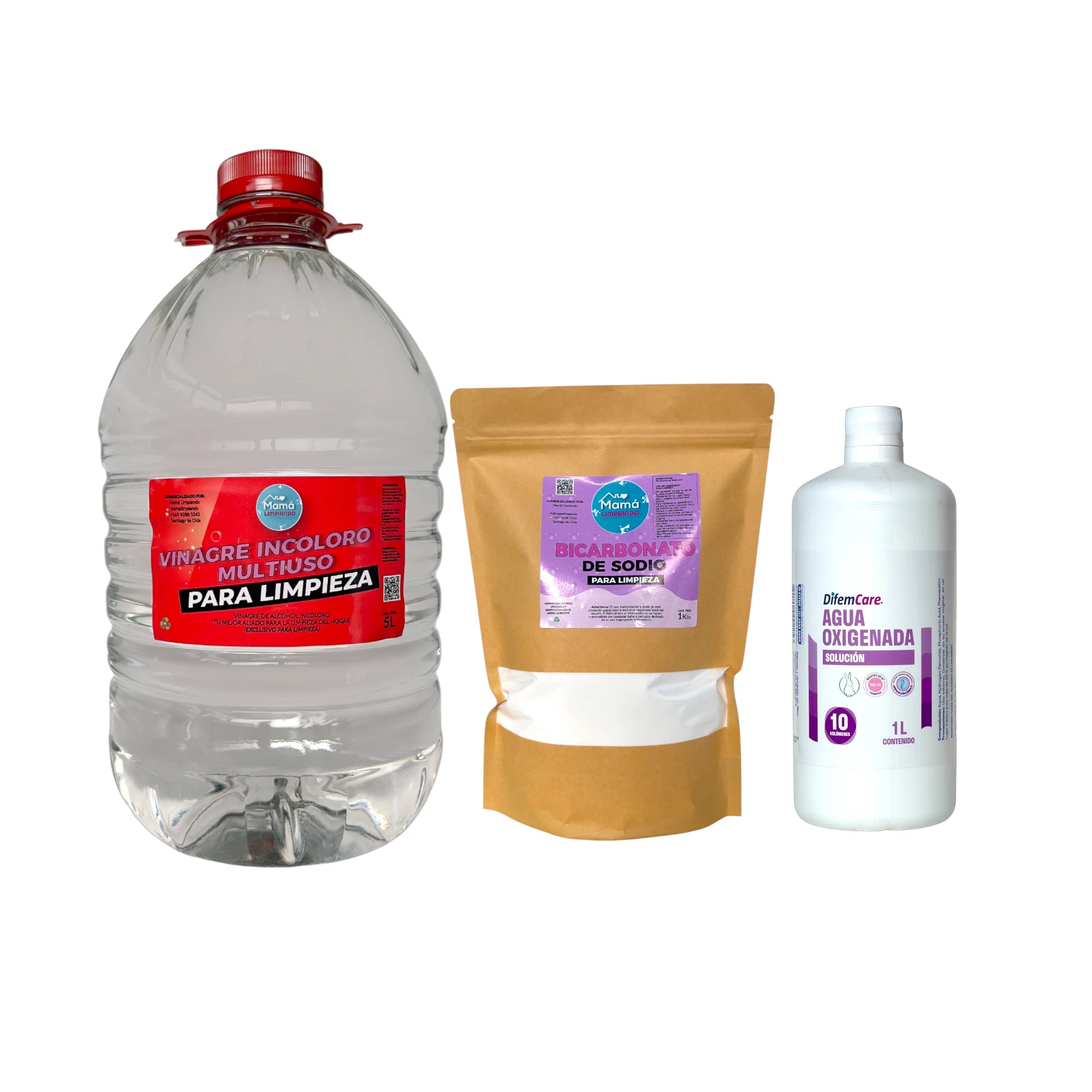 Pack Vinagre Incoloro para Limpieza 5 Lts+  BOLSA Bicarbonato de Sodio para Limpieza 1 Kilo + Agua Oxigenada 10 Volúmenes DifemPharma 1 Litro