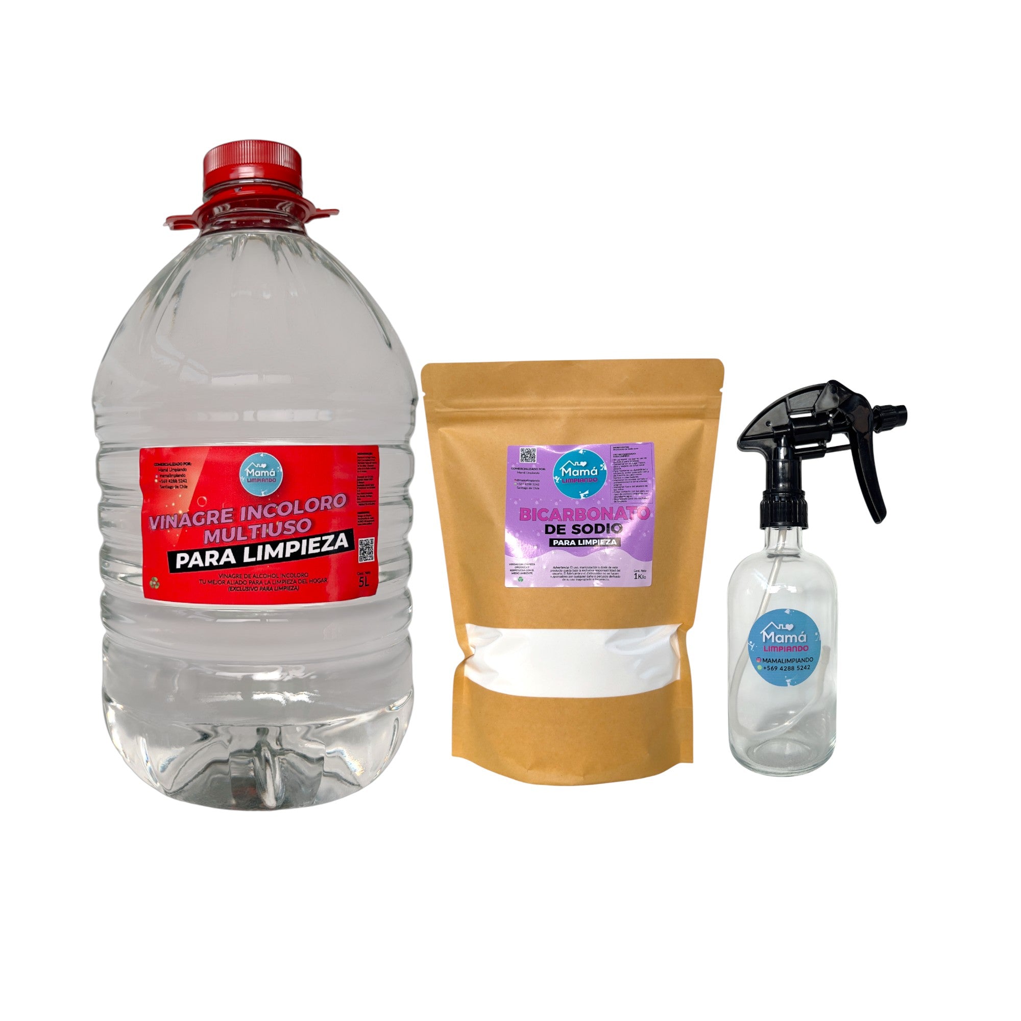 Pack de Vinagre Incoloro para Limpieza 5Lts +  BOLSA Bicarbonato de Sodio para Limpieza 1Kilo + Botella de Vidrio 500ml con gatillo