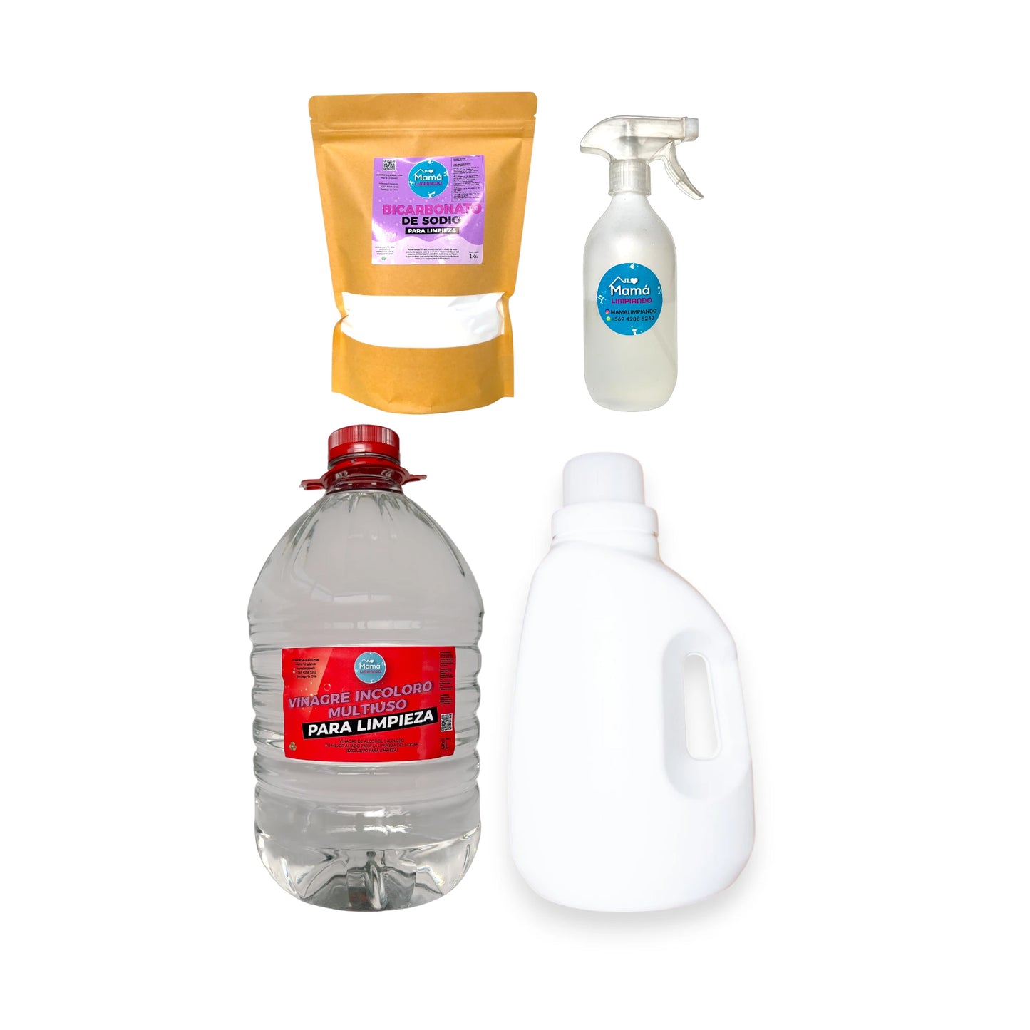 Pack de Vinagre Incoloro para Limpieza 5Lts +  BOLSA Bicarbonato de Sodio para Limpieza 1Kilo + Botella de Plástico 500ml con gatillo + Botella Multiuso 3Lts con Tapa Dosificadora