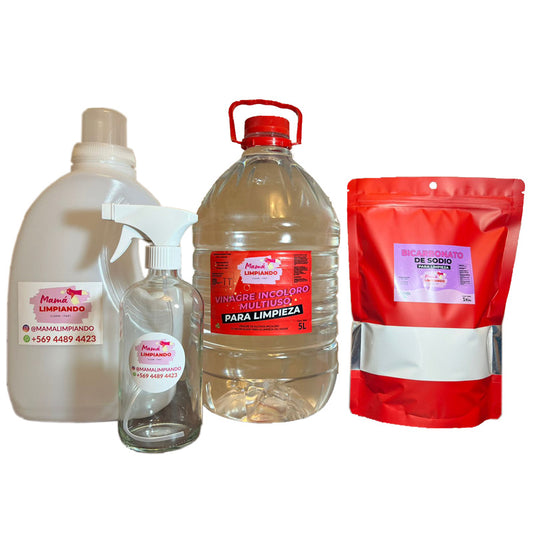 Pack de Vinagre Incoloro para Limpieza 5Lts + Bicarbonato de Sodio para Limpieza 1Kilo + Botella de Vidrio 500ml con gatillo + Botella Multiuso 3Lts con Tapa Dosificadora - Mamá Limpiando