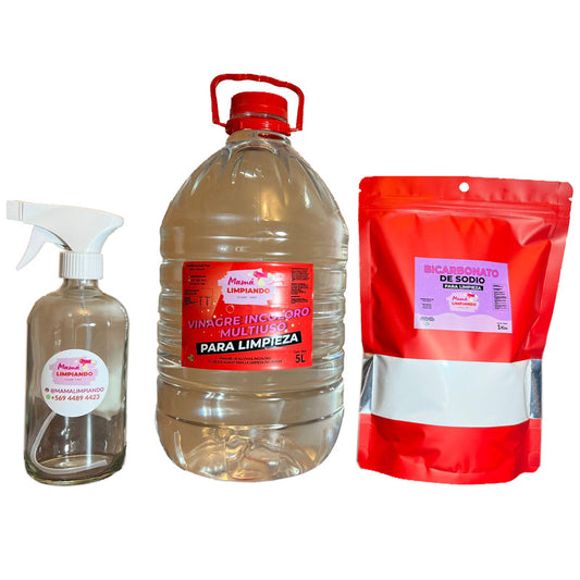Pack de Vinagre Incoloro para Limpieza 5Lts + Bicarbonato de Sodio para Limpieza 1Kilo + Botella de Vidrio 500ml con gatillo - Mamá Limpiando