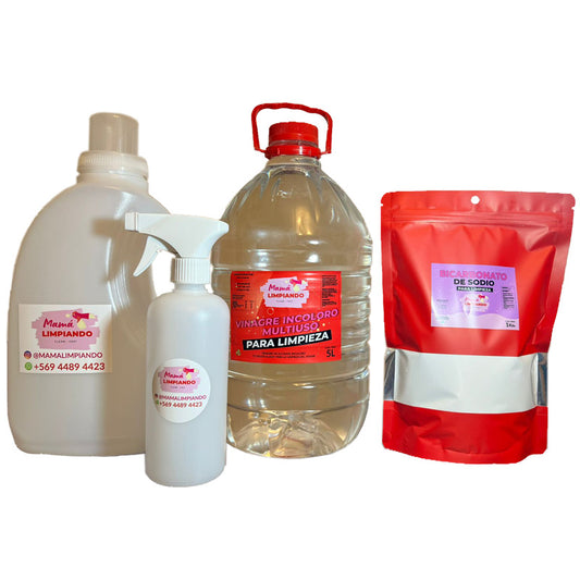Pack de Vinagre Incoloro para Limpieza 5Lts + Bicarbonato de Sodio para Limpieza 1Kilo + Botella de Plástico 500ml con gatillo + Botella Multiuso 3Lts con Tapa Dosificadora - Mamá Limpiando