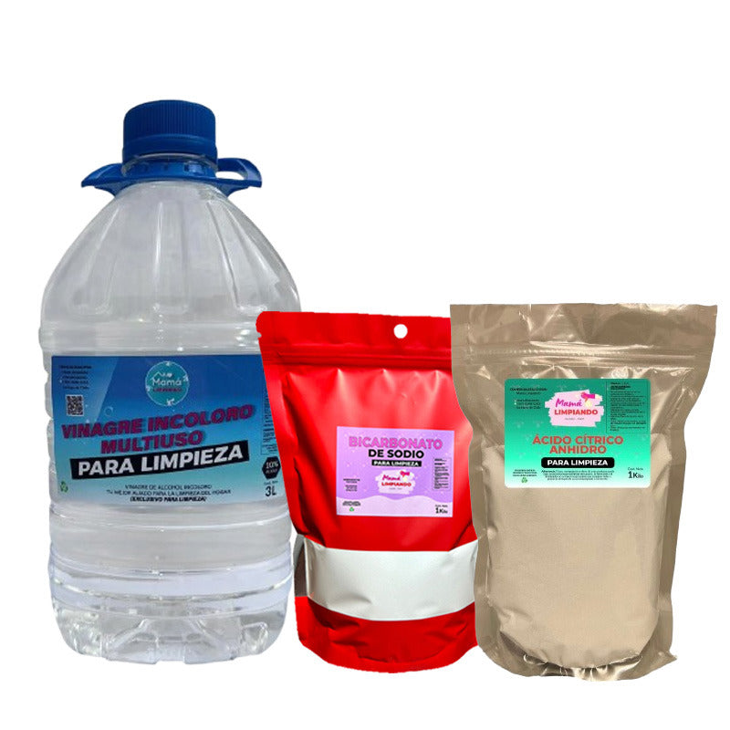Pack vinagre 10% Incoloro 3 litros + 1 kilo de Bicarbonato + 1 kilo Acido Cítrico