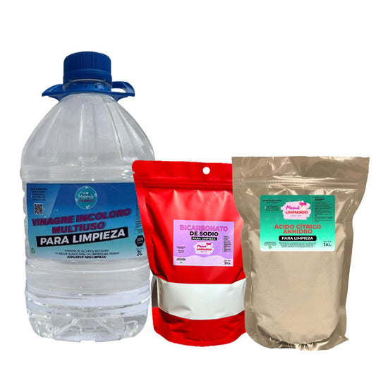 Pack vinagre 10% Incoloro 3 litros + 1 kilo de Bicarbonato + 1 kilo Acido Cítrico