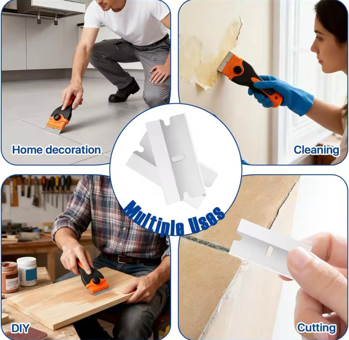 Raspador doble hoja plástico y metal para vidrio, pintura, grasa, pegamento con 10 repuestos (5 de c/u)