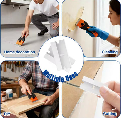 Raspador doble hoja plástico y metal para vidrio, pintura, grasa, pegamento con 10 repuestos (5 de c/u)