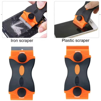 Raspador doble hoja plástico y metal para vidrio, pintura, grasa, pegamento con 10 repuestos (5 de c/u)