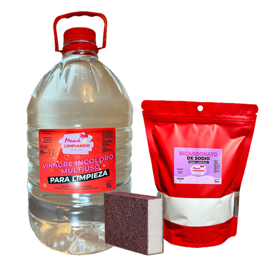 Pack de Vinagre Incoloro para Limpieza 5Lts + Bicarbonato de Sodio para Limpieza 1Kilo + Esponja para eliminar óxido - Mamá Limpiando