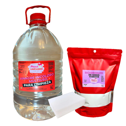 Pack de Vinagre Incoloro para Limpieza 5Lts + Bicarbonato de Sodio para Limpieza 1Kilo + Esponja Mágica - Mamá Limpiando