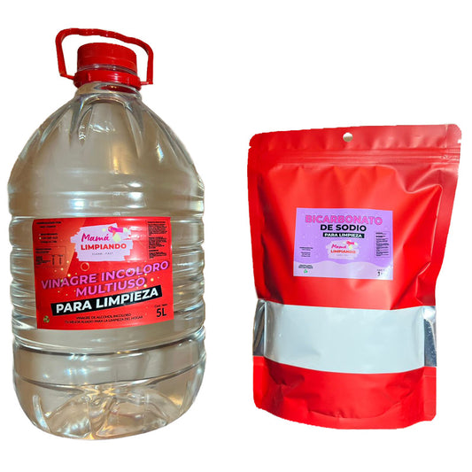 Pack de Vinagre Incoloro para Limpieza 5Lts + Bicarbonato de Sodio para Limpieza 1Kilo - Mamá Limpiando
