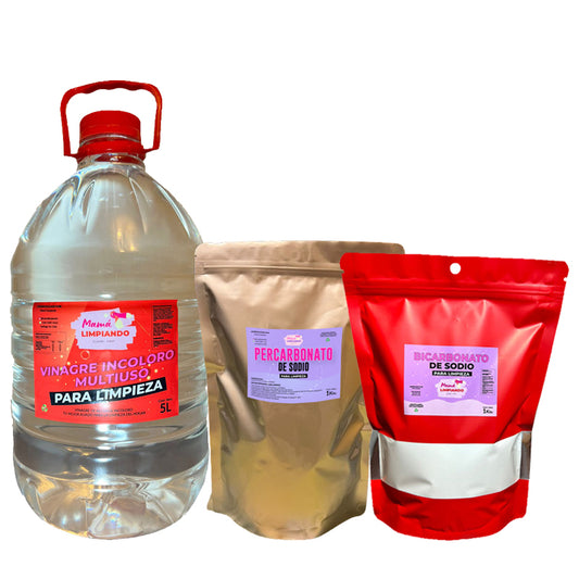 Pack de Vinagre Incoloro para Limpieza 5Lts 4% + Bicarbonato de Sodio para Limpieza 1Kilo + Percarbonato 1 Kilo - Mamá Limpiando
