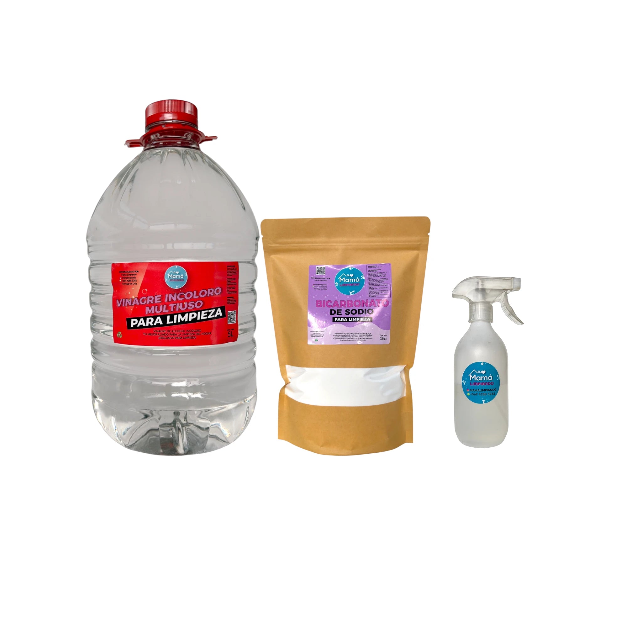 Pack de Vinagre Incoloro para Limpieza 5Lts +  BOLSA Bicarbonato de Sodio para Limpieza 1Kilo + Botella de Plástico 500ml con gatillo