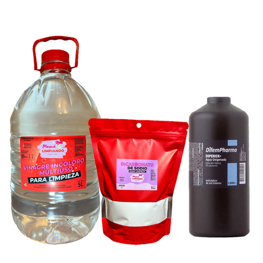 Pack Vinagre Incoloro para Limpieza 5 Lts+ Bicarbonato de Sodio para Limpieza 1 Kilo + Agua Oxigenada 10 Volúmenes DifemPharma 1 Litro - Mamá Limpiando